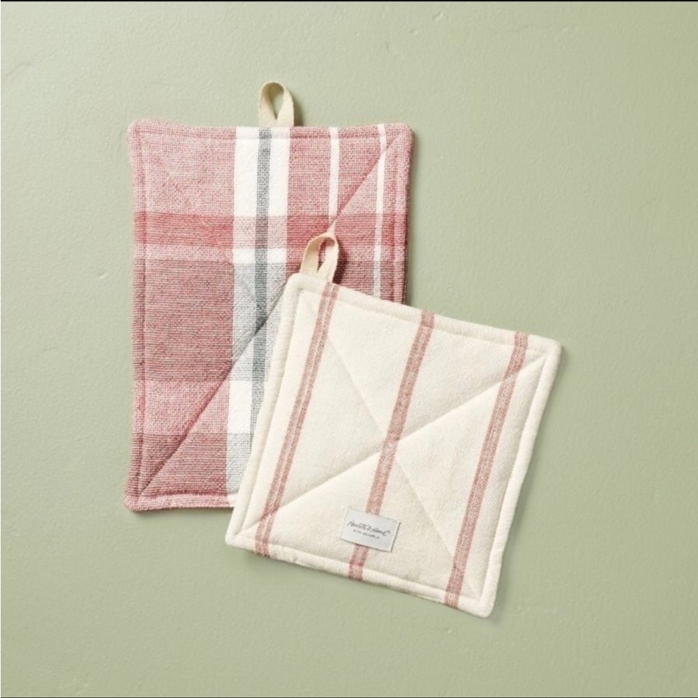 2pc Plaid & Stripe Potholders Red/Green/Cream - Hearth & Hand